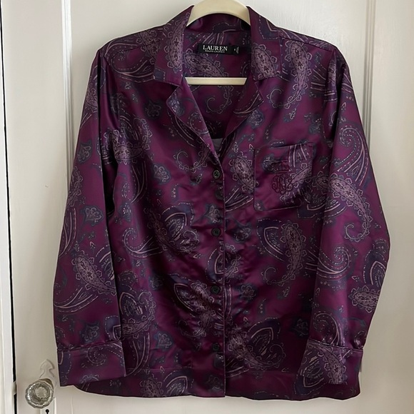 Lauren by Ralph Lauren Satin Paisley Button Down Lounge Sleep Pajama Top Shirt - Picture 2 of 12
